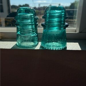 Vintage Hemmingray-16 and AM.TEL&TEL.CO Glass Insulator Set - Aqua